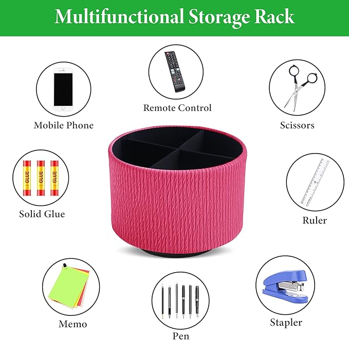 Hennaja Round Leather Art Supply Organizer,Remote Control Holder,360 Degree Spinning,Multi-Functional Pencil Holder,4 Compartments Desktop Stationary Organizer(1-Vertical Wood Red)