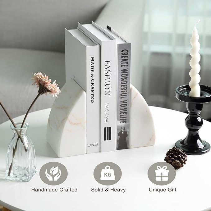 Koville Marble Bookends for Shelves, Large Bookends for Heavy Books, Natural Stone Book Stopper for Books CD Movies, Aesthetic Decorative Book Ends (Golden Calacatta)