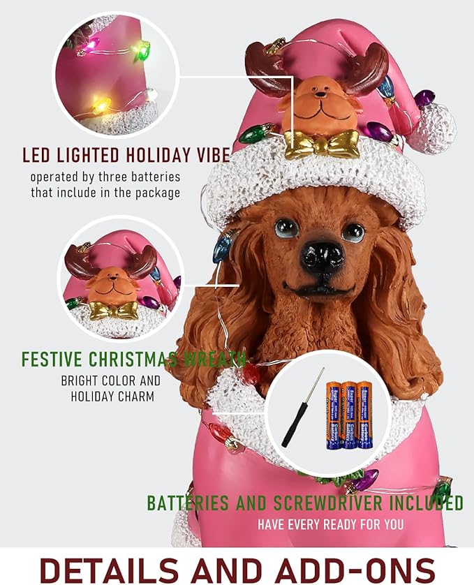 Christmas Decorations Outdoor Dog Statue, Resin Poodle Dog Sculpture with Pink Christmas Santa Outfit & Lights, Battery Operated Indoor Holiday Décor Gift for mom