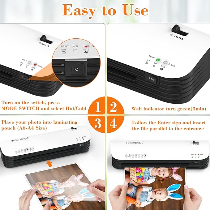 Laminator Machine, 9 Inch Thermal Laminater, Beixtopopo A4/A5/A6 Personal Laminator Machine with Laminating Sheets, 6 in 1 Heating Laminate Machine for Home School Office, Silent