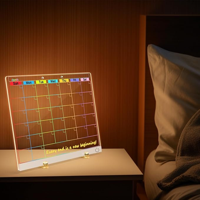 Acrylic Dry Erase Board Calendar with Light, 13.7"X10" LED Note Board with 6-Color Neon Glow Memo Monthly Planning Board for Gift/Room/Office/Wall with Stand, 7 Markers, White