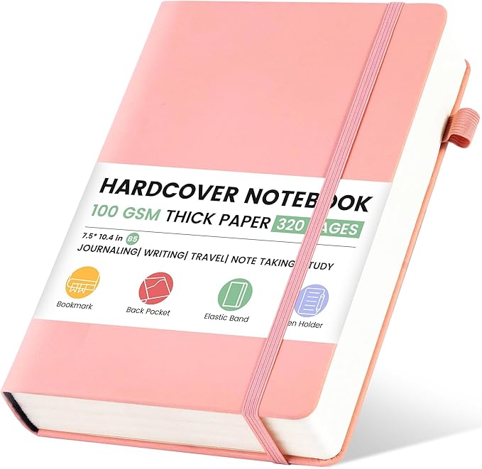 CAGIE Lined Journal Notebook, 320 Pages College Ruled Notebook, 100 Gsm Paper Thick Journal, B5 Hardcover Leather Journals for Writing Women, 7.6x10 In, Pink