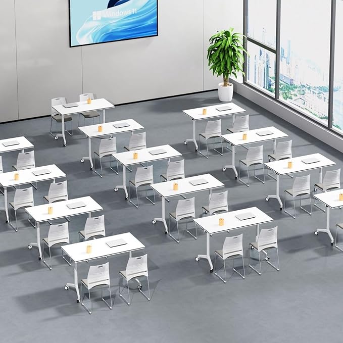 Folding Conference Room Table, Modern Mobile Training Table with Wheels, White Foldable Seminar Meeting Tables for Office Corporations (4pack 47.2in)