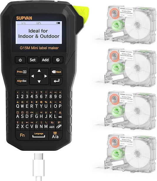 SUPVAN G15M Mini Portable Label Maker Machine with 4 Tapes, Rechargeable 1200mAh Battery Thermal Transfer Printer, Compatible with Multi-Type Label, Home, Garage, Office & Outdoor