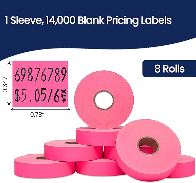 Perco Fluorescent Pink Pricing Labels for Monarch 1136 Price Gun - 8 Rolls, 14,000 Pricemarking Labels - with Bonus Ink Roll Included