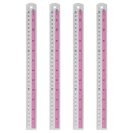 HARFINGTON 4pcs Metal Straight Ruler 30cm Metric SAE Aluminum Alloy Measuring Rulers Scale Tools with Hole for Measure Study Reading Classroom Office, Pink