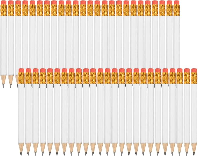 MECCANIXITY Golf Pencils with Erasers, 4" HB Mini Half Pencils Pre Sharpened Small Pens for Wedding Bridal Shower Game Office Writing Drawing(White, Pack of 50)