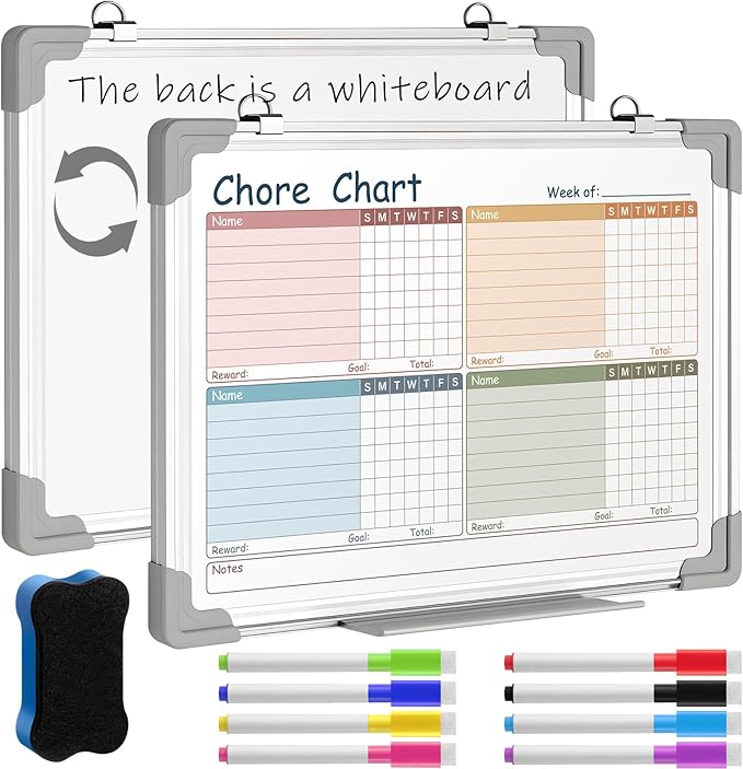 Lincia Magnetic Dry Erase Chore Chart Board for Multiple Kids Teens Adults 12"x16" Double Side Family 2 in 1 Combo Chore Board Weekly Calendar for Wall Aluminum Frame 8 Markers 1 Eraser
