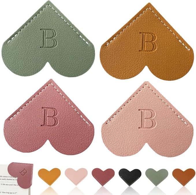 Personalized Leather Heart Bookmark, 26 Letters Customized Corner Book Mark for Reading Women, Book Marker with Initials，Cute Gifts (Light Pink+Deep Pink+Green+Light Brown, B)