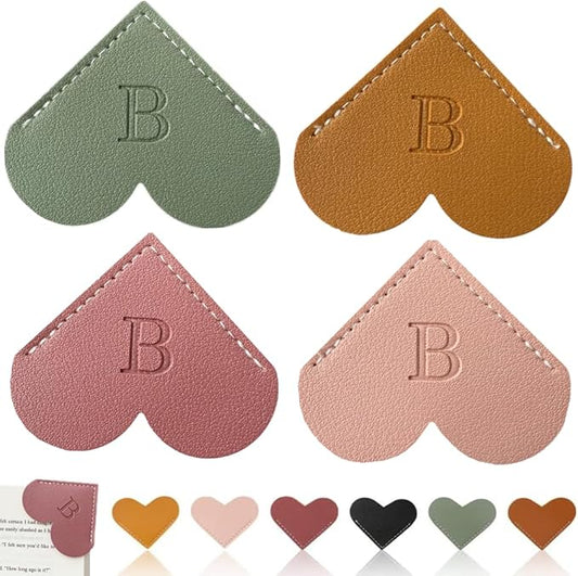 Personalized Leather Heart Bookmark, 26 Letters Customized Corner Book Mark for Reading Women, Book Marker with Initials，Cute Gifts (Light Pink+Deep Pink+Green+Light Brown, B)