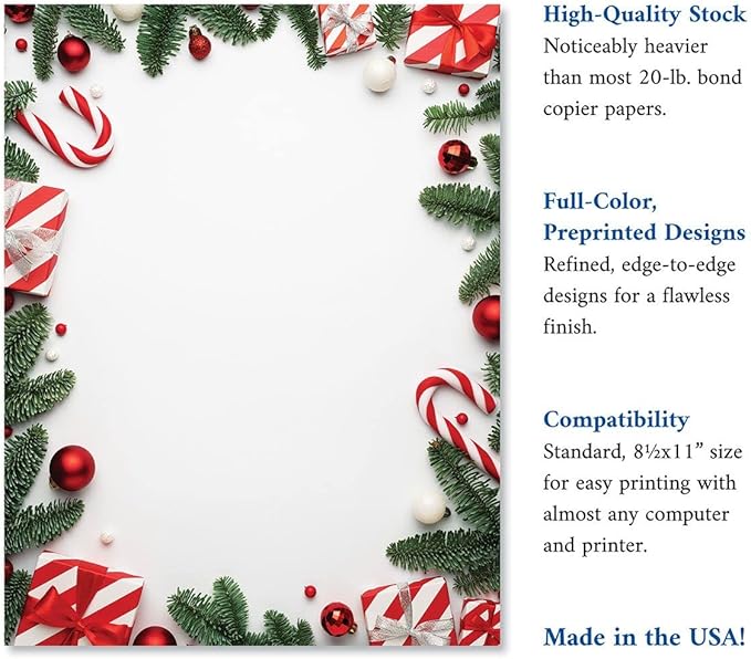 Pine and Presents Border Letter Paper - Set of 25 Christmas stationery papers are 8 1/2" x 11", compatible computer paper