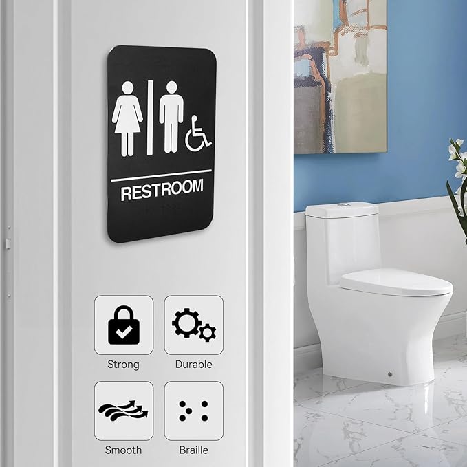 2PCS Self-Adhesive Business Restroom Sign,ADA Compliant Braille Unisex Bathroom Sign,Public Restroom Sign,Size: 9"" X 6""., Balck