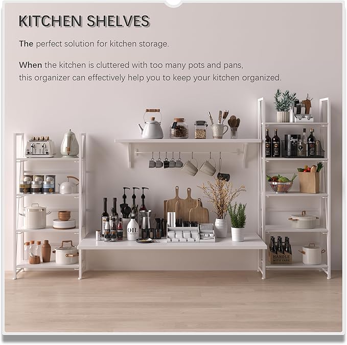 4NM No Assembly Folding Bookshelf Storage Shelves 4 Tiers Vintage Bookcase Standing Racks Study Organizer Home Office (All White)