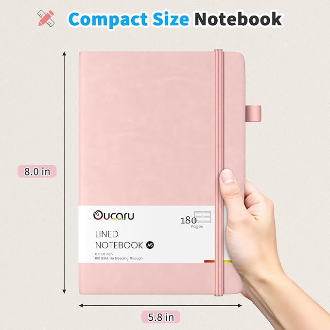 Oucaru Lined Journal Notebook, 2 Pack, 180 Pages, A5 Journals for Writing, 100 GSM Thick Paper, Small Notebooks Daily Journal for Women Men Work, Business, School, Travel Supplies