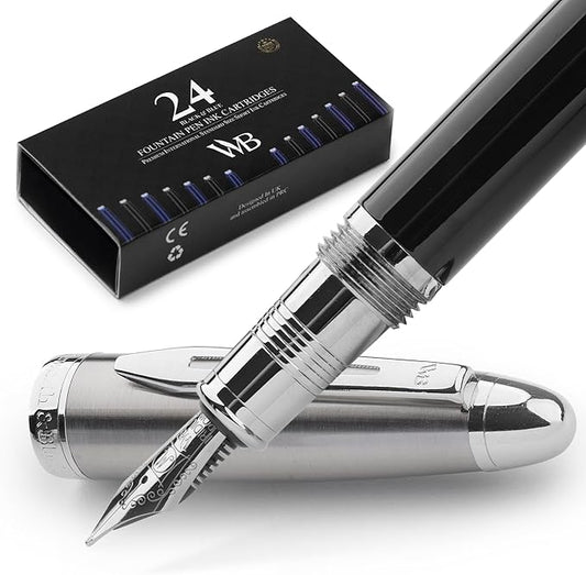Wordsworth & Black Majesti Fountain Pen-(Black Chrome), Luxury Case, Stainless Steel; Medium Nib- Ink Cartridges, Refillable Ink Converter-Calligraphy Pen-Best Business Gift Set for Men & Women