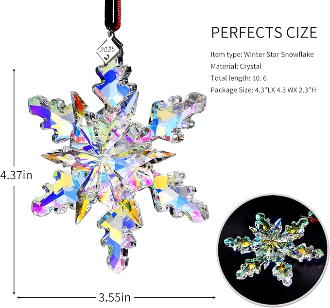 2025 Annual Edition Snowflake Crystal Christmas Ornaments,Christmas Tree Ornaments Crystal Sun Catcher Home Hanging Decor (2025 Dreamy Color)