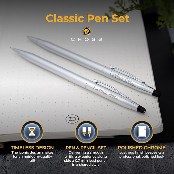 Personalized Cross Pen Set | Cross Classic Century Twist Action Ballpoint Pen & Pencil Gift Set in Lustrous Chrome. Set Includes Personalization and Gift Box.