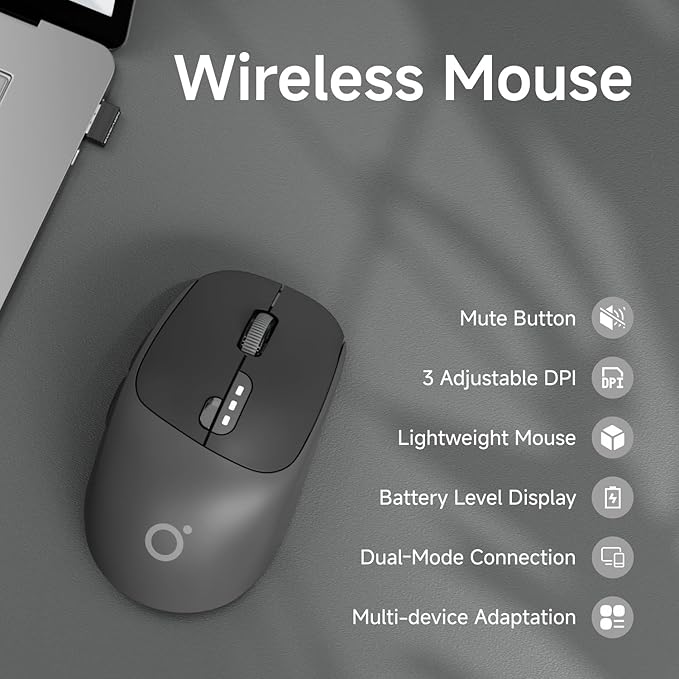 EWEADN Q5 Wireless Mouse, Bluetooth & 2.4G Quiet Computer Mouses with 1600 DPI, Battery Level Display, Ergonomic Office Mouse,6 Button Portable Cute Cordless Mice for Laptop/PC/Mac- Black