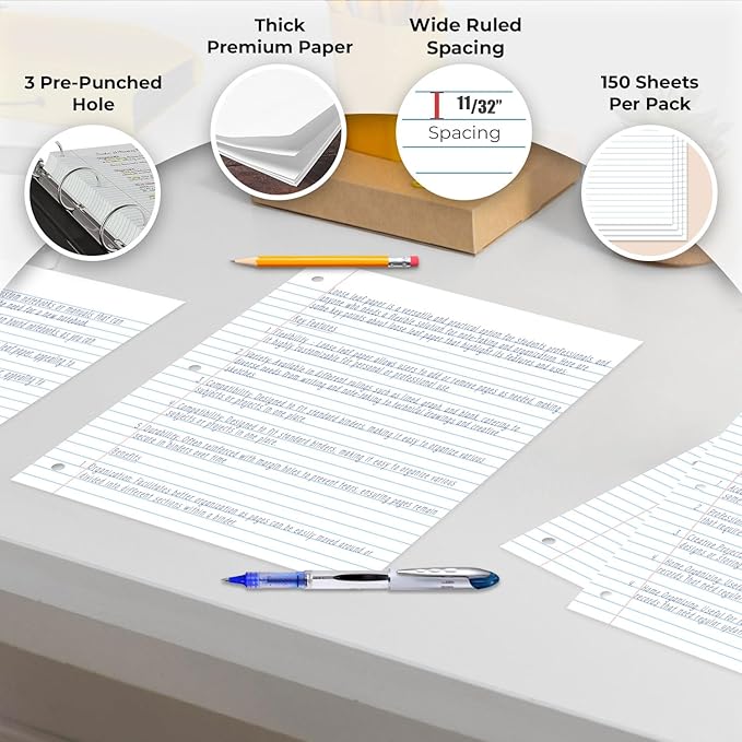Loose Leaf Paper Bulk, 7200 Sheets, Wide Ruled, 8 x 10.5", Filler Papers for Office, 56 Gsm Thick Sheets, 3 Hole Punched for Binders, 48 Pack, 150 Sheets/Pack, Bulk Notebook Paper, White