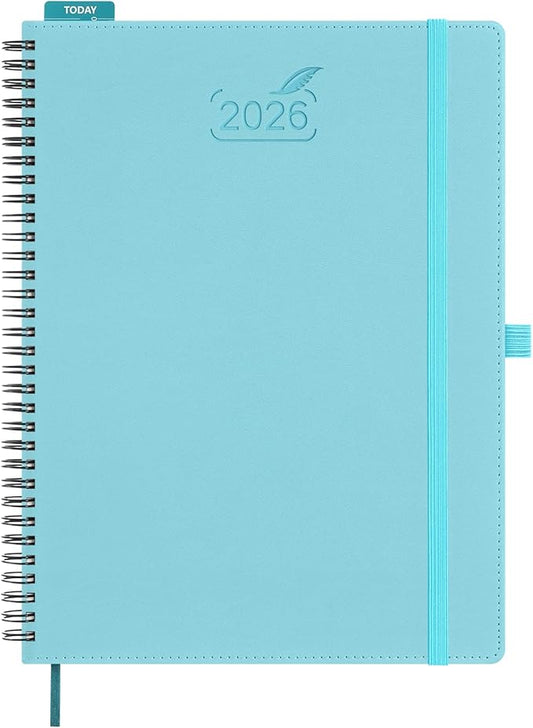 BEZEND 2026 Planner Weekly and Monthly (8.5" x 11" Spiral) Daily Calendar with Half-Hourly Timeslots & Tab (Jan-Dec) Note & Expenses, Pen Holder, Inner Pocket, Vegan Leather Softcover - Sky Blue