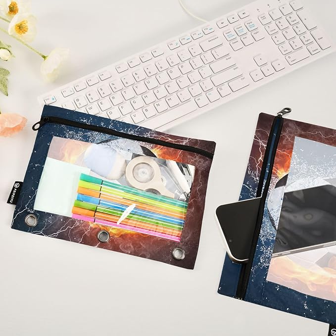Soccer Ball Football Fire Water Pencil Pouch for 3 Ring Binder, 2 Pack Waterproof Pencil Bags Clear Window Pencil Case Zipper School Office Supplies