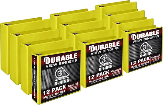 Samsill Durable 3 inch 3 Ring Binder, Made in USA, D Ring Binder, FSC 100% Recycled Chipboard, Yellow, 12 Pack