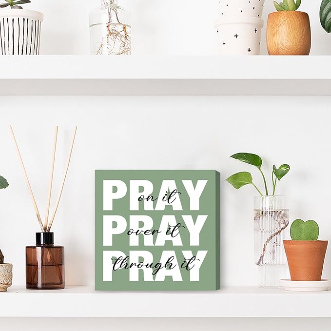 Sage Green Office Desk Accessories Decor Sign Inspirational Green Wooden Box Gift for Women - Pray on It Wooden Plaque for Christian - Bible Verse Wall Art