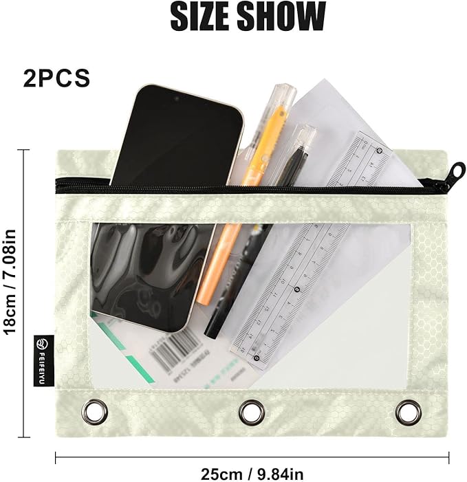 Gredecor Binder Pencil Pouch 3 Ring Beige Zipper Pencil Pouches Case 2 Pack Clear Binder Organizer for School Office