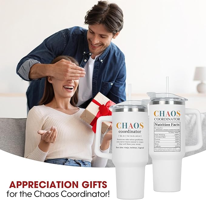 TEEZWONDER Christmas Thank You Gifts for Women - Chaos Coordinator Insulated 40 oz Tumbler with Handle - Funny Birthday Employee Appreciation Gifts for Women Coworkers Boss Colleagues Teachers Nurses