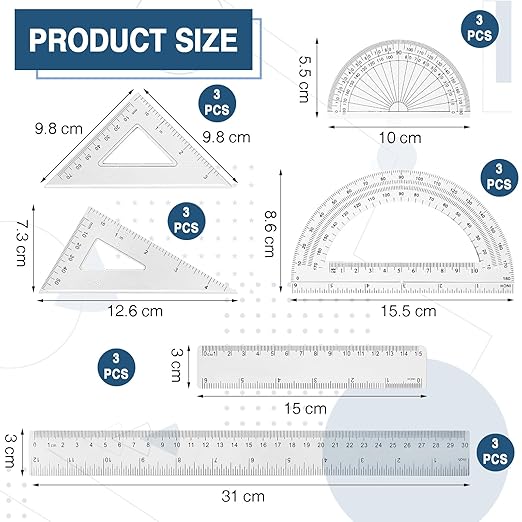 Tenare 18 Pcs Plastic Clear Math Set Includes Protractor Triangle Rulers 12 Inch 6 Inch Straight Geometry Math Transparent Ruler Measuring Tool for School Office Home Supplies
