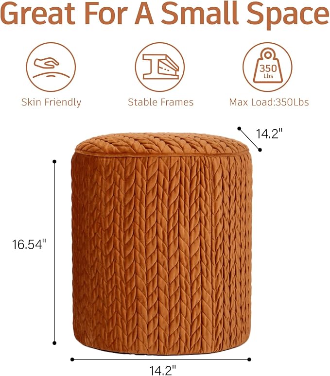 Modern Round Ottoman, Braided-Tufted Foot Stool Ottoman, Velvet Upholstered Vanity Stool for Makeup, Bedroom, Living Room, Dark Orange