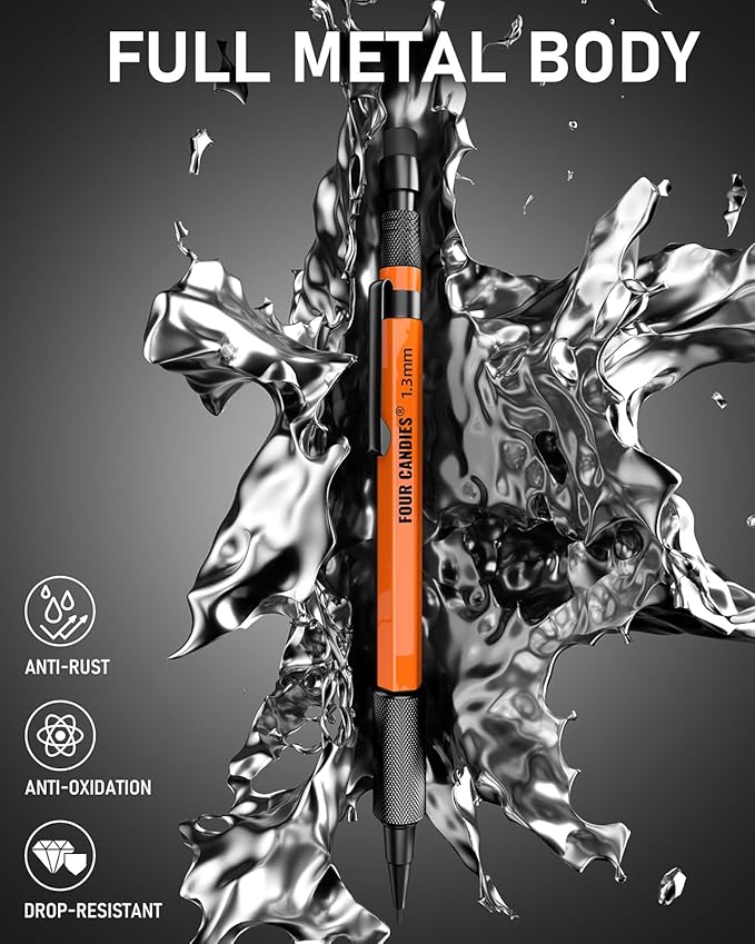 Four Candies 1.3mm Mechanical Pencil Set with 24 Lead Refills, Metal Weatherproof Heavy Duty Outdoor Carpenter Pencil, Eraser, 6 Eraser Refills for Architect Drafting Woodworking Marking with Case