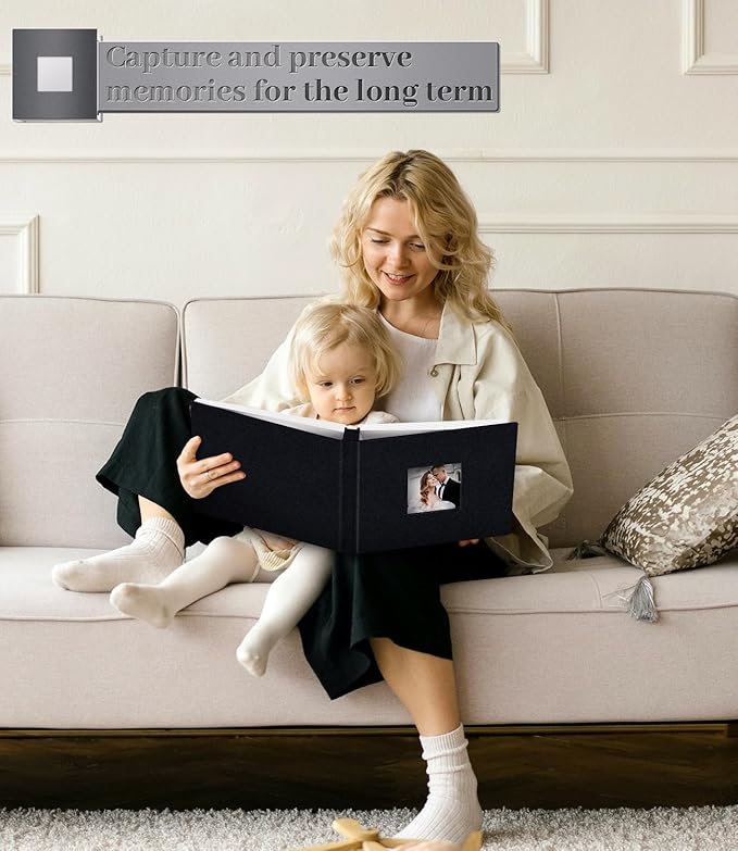 Photo Album Self Adhesive Scrapbook Album for 3x5 4x6 5x7 8x10 Pictures,60 Pages Linen Cover with Display Window DIY Photo Book,Ideal Gifts for Family Travel Wedding Baby