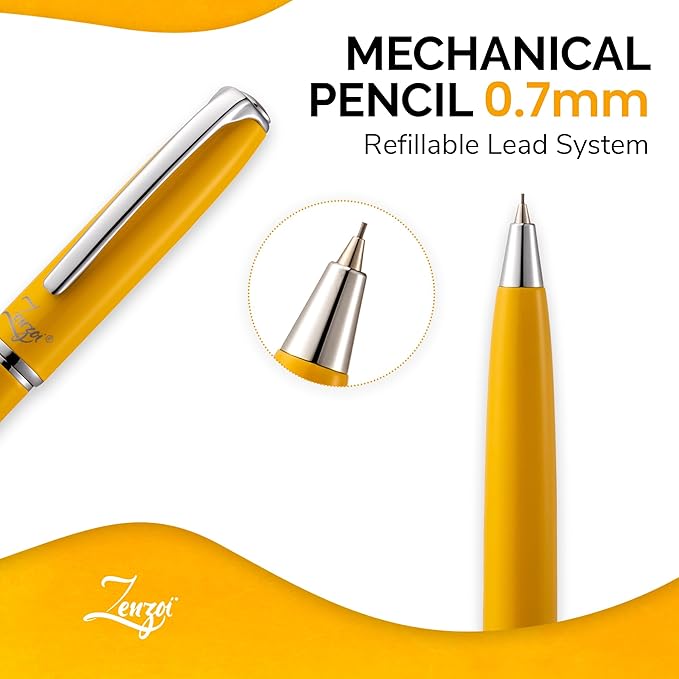 ZenZoi Yellow Mechanical Pencil w/Schmidt 0.7 mm Twist Lead System. Elegant Full Metal Pencil for Sketching, Drawing, Drafting, Writing & Note Taking. Luxury Gift Box for Men or Women