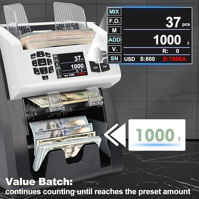 S75 Bill Counter and Sorter, Money Counter Machine Mixed Denomination, Two Pockets Cash Value Counter, Counterfeit Detection 2 CIS/UV/MG/IR, Serial Number, Multi Currency,2Yr Warranty