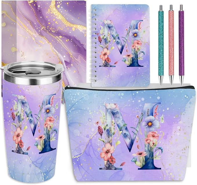 Personalized Gifts Monogrammed Birthday Gifts for Women, Her, Teacher Mother in Law Wedding Christmas Initial 20 oz Tumbler, Makeup Bag Cup Pens Journal Notebook 6 Set, (Aesthetic Purple Flower M)