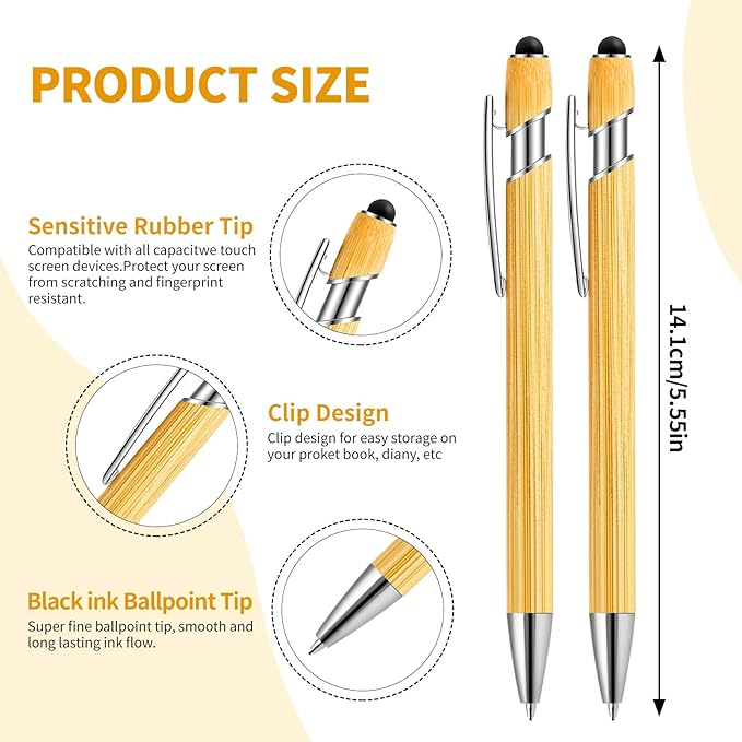 Bamboo Personalized Pen with Stylus -Customizable Text Logo Name Ballpoint Pens with Black Ink-Personalized Gift Ideas for School Back Day Office Business Home(200 Count/Pack)
