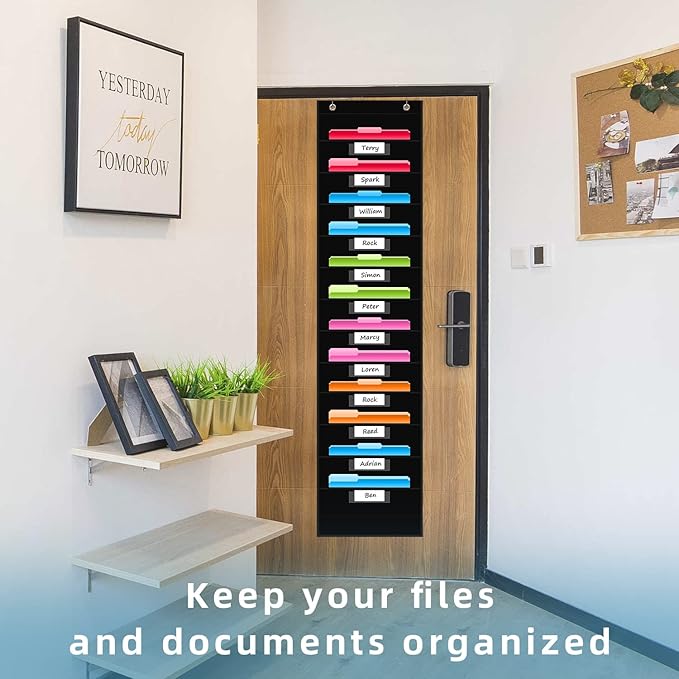 REGELETO 12 Pockets File Storage Pocket Chart with 12 Nametag Pockets,Hanging Wall File Organizer for Classroom and Office, Organize Your Assignments, Files, Scrapbooks, Paper (Black)