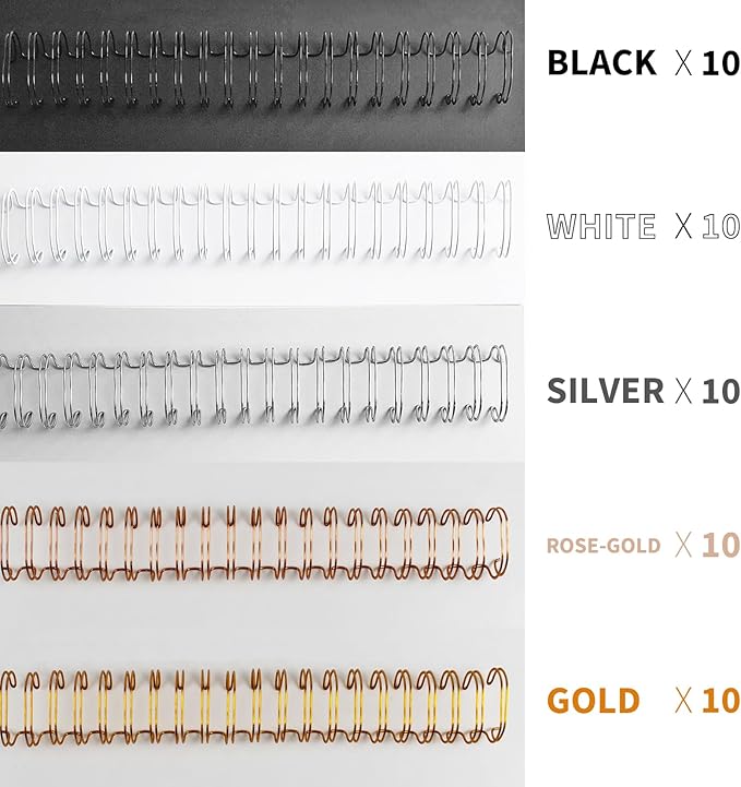 Binditek 50 Pack Double Loop Wire Binding Spines, 1/2 Inch Binding Wire for Letter Size, 3:1 Pitch, 100 Sheet Capacity, 32-Loop, 5 Assorted Colors (Black,Gold,Silver,White,Rose Gold), for Coworkers