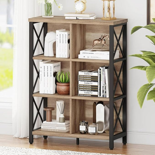 FATORRI 6 Cube Storage Organizer Shelf, Wood and Metal Cubby Bookcase, Industrial 4 Tier Cube Bookshelf (Rustic Oak)
