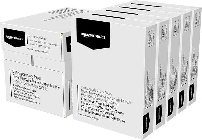 Amazon Basics Multipurpose Copy Printer Paper, 20 lb, 8.5 x 11 Inches, 5 Reams (2,500 Sheets), 92 Bright, White