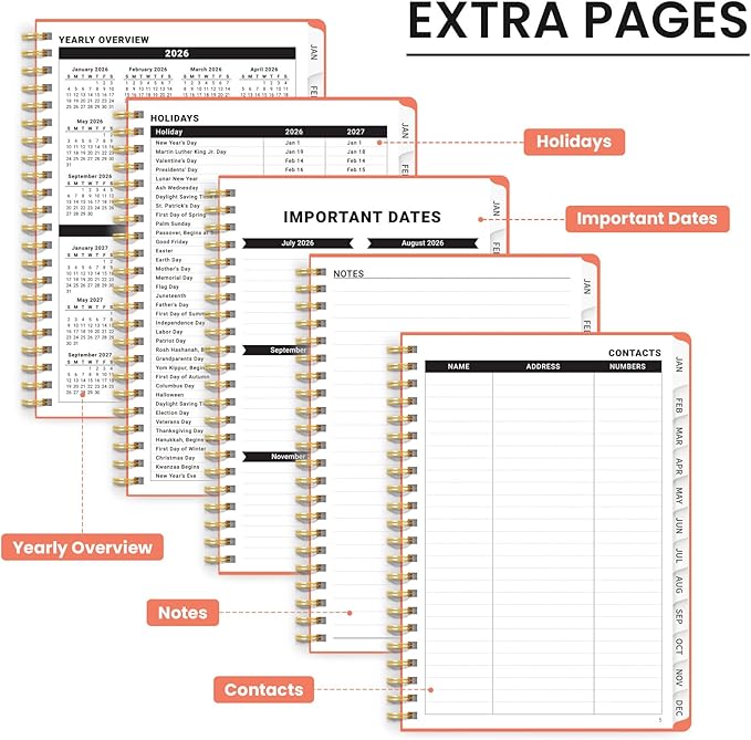 2026 Planner, Weekly and Monthly Calendar Planner, January 2026 - December 2026, Hardcover 2026 Calendar Planner Book with Tabs For Women & Men, Inner Pocket, Spiral Bound, Perfect for Office Home School Supplies - A4 (8.5" x 11"), Coral