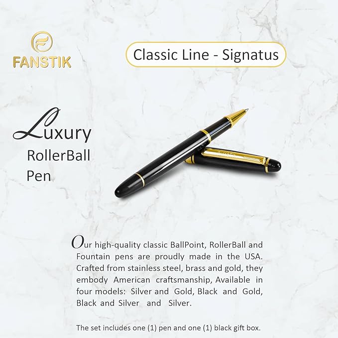 Customized RollerBall pen with name (MADE IN USA), stainless steel, black and gold, luxury engraved pen personalized for men and for women. (RollerBall Black-Gold)