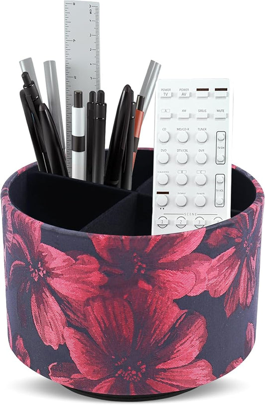 QIELIZI Round Leather Art Supply Organizer,Remote Control Holder,360 Degree Rotating,Multi-Functional Pencil Holder,4 Compartments Desktop Stationary Organizer(1-Dahlia Red)