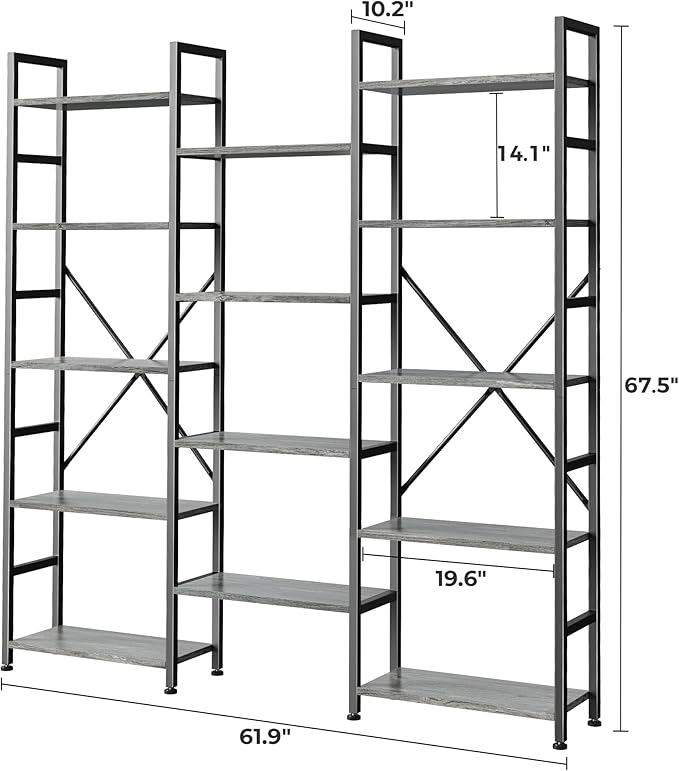 SUPERJARE Triple 5 Tier Bookshelf, Bookcase with 14 Open Display Shelves, Wide Book Shelf Book Case for Home & Office, Grey