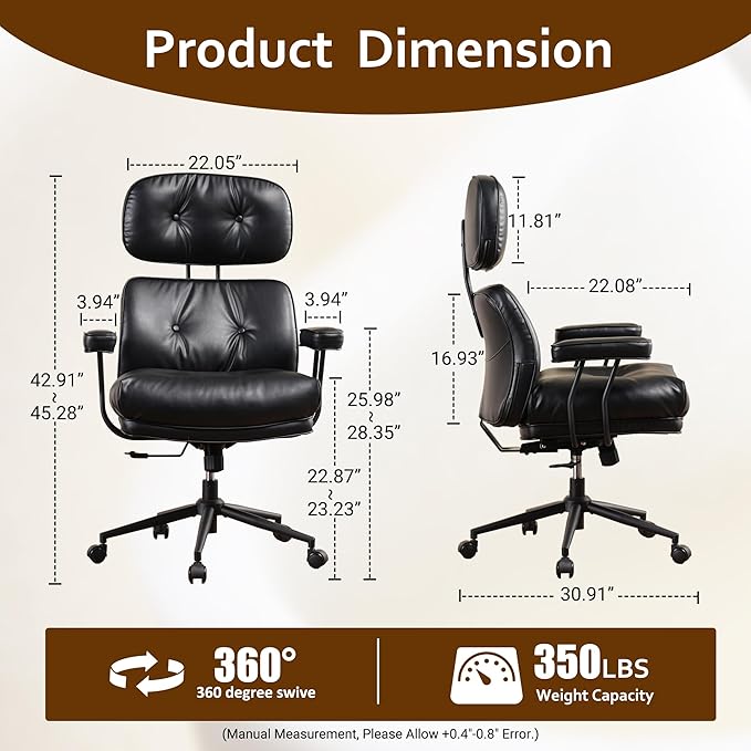 Faux Leather Executive Office Chair - Big and Tall Ergonomic Home Office Chair,Reclining Computer Desk Chair with Lumbar Support,Adjustable Task Chair Swivel Rolling PC Chair with Wheels,Black,PU