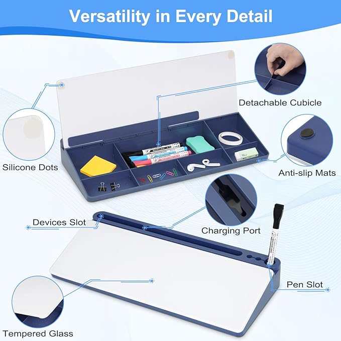 Glass Desktop Whiteboard with Storage, Desk White Board with Computer Keyboard Stand,White Dry Erase Board with Drawers for Home,School,Office - Blue