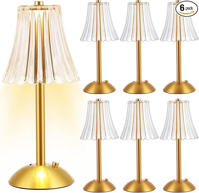 Liliful 6 Pcs LED Portable Cordless Table Lamp Touch Battery Operated Rechargeable Gold Desk Lamp 3 Color Dimmable for Bedroom Living Room Dining (Gold,Rose Style)