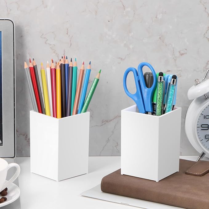 10Pack White Acrylic Pen Holder, Desktop Pencil Organizer Makeup Brush Holder Acrylic Pencil Cup Stationery Pencil Holder for Desk Office Pen Organizer