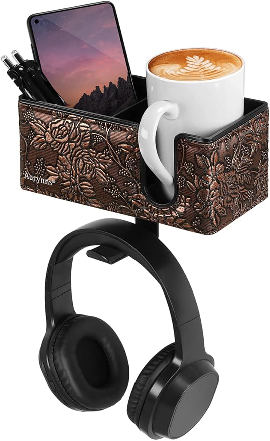 Desk Cup Holder Clip on Pen Holder Headphone Hanger Headset Stand Rotatable Clamp Hook Under Desk (Golden)